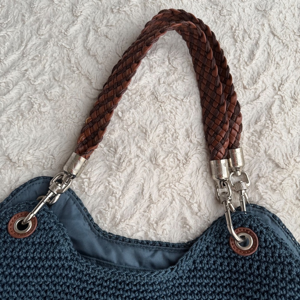The Sak Indio Crochet Shoulder Bag Indigo Blue Braided Strap Hobo Purse Handbag - Picture 6 of 17